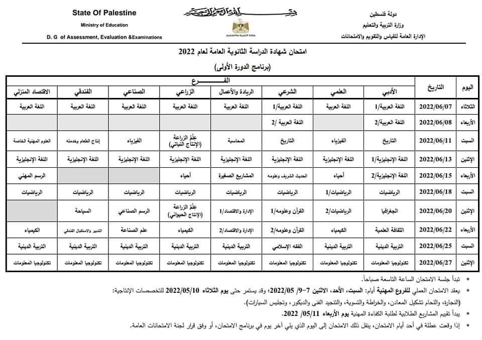 جدول امتحانات التوجيهي فلسطين 2022