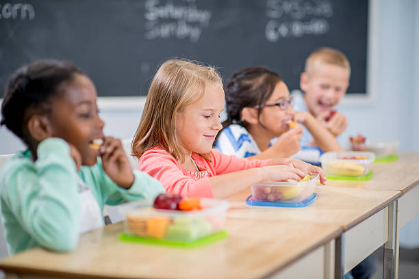 مجموعة متعددة الأعراق من الأطفال في سن الابتدائية يجلسون على مكاتبهم ويأكلون وجبات غداءهم الصحية.