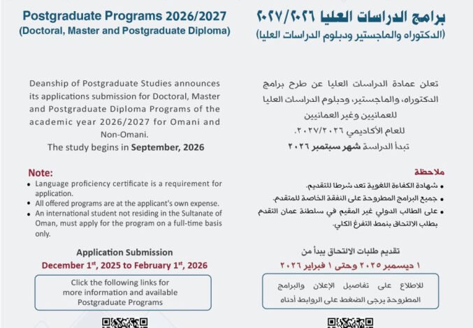 جامعة السلطان قابوس تفتح باب التقديم لبرامج الدراسات العليا 2026/2027