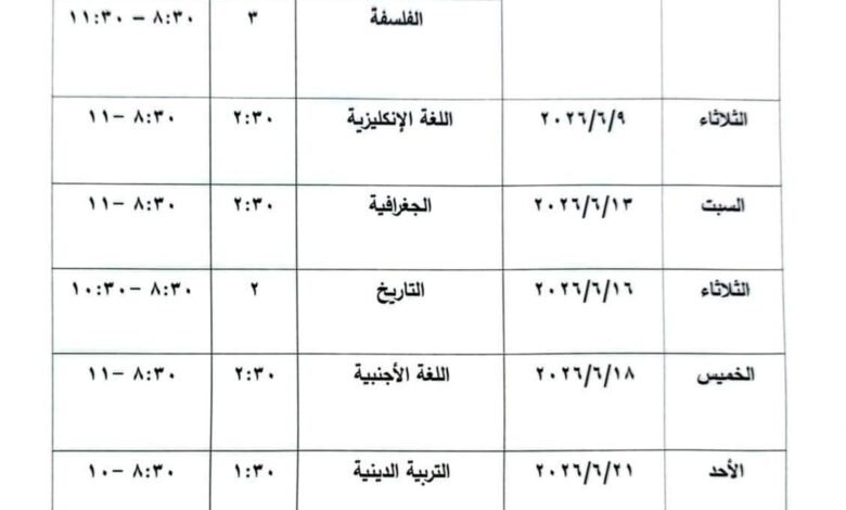 برنامج امتحانات البكالوريا في الجمهورية العربية السورية يبدأ الامتحان 6/6/2026