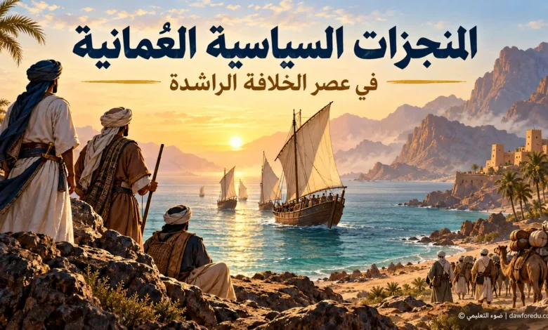 رسم توضيحي للسفن العُمانية والمشاركة في الفتوحات الإسلامية خلال عصر الخلافة الراشدة – ضوء التعليمي.