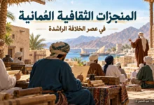 رسم تعليمي يوضح العلم والخطابة ضمن المنجزات الثقافية العُمانية في عصر الخلافة الراشدة – ضوء التعليمي.