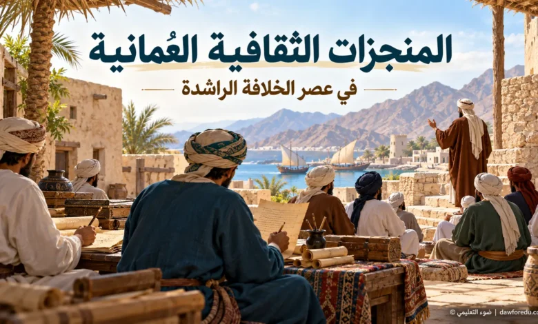 رسم تعليمي يوضح العلم والخطابة ضمن المنجزات الثقافية العُمانية في عصر الخلافة الراشدة – ضوء التعليمي.