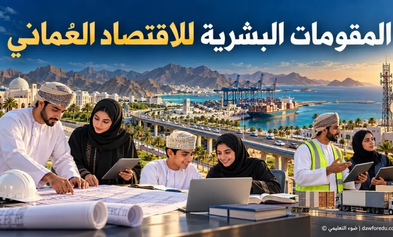 عاملون وطلاب عُمانيون أمام ميناء وطرق حديثة لتوضيح المقومات البشرية للاقتصاد العُماني – ضوء التعليمي.
