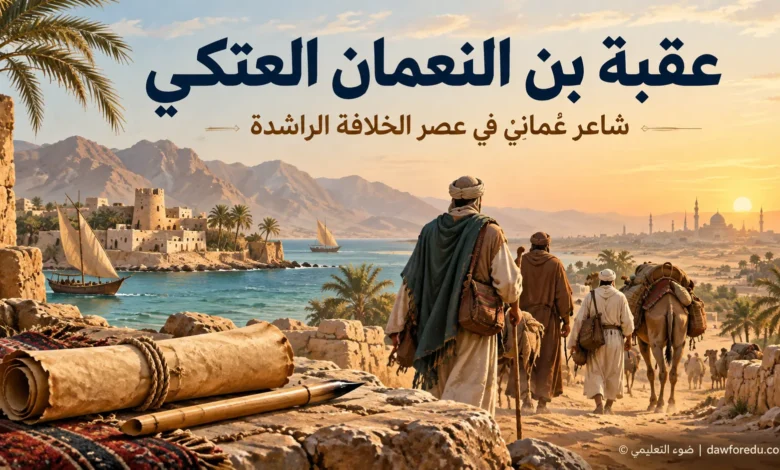 رسم توضيحي لعقبة بن النعمان العتكي والوفد العُماني في عصر الخلافة الراشدة – ضوء التعليمي.