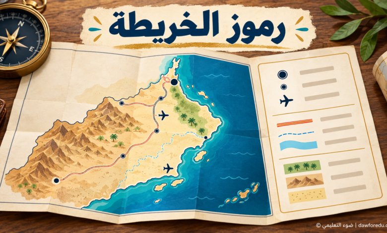 رسَم تعليمي لرموز الخريطة ومفتاحها مع خريطة توضيحية لسلطنة عُمان – ضوء التعليمي.